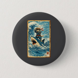 Badge Rond 5 Cm Chat Samouraï montant un requin Rétro Wave Guerrie