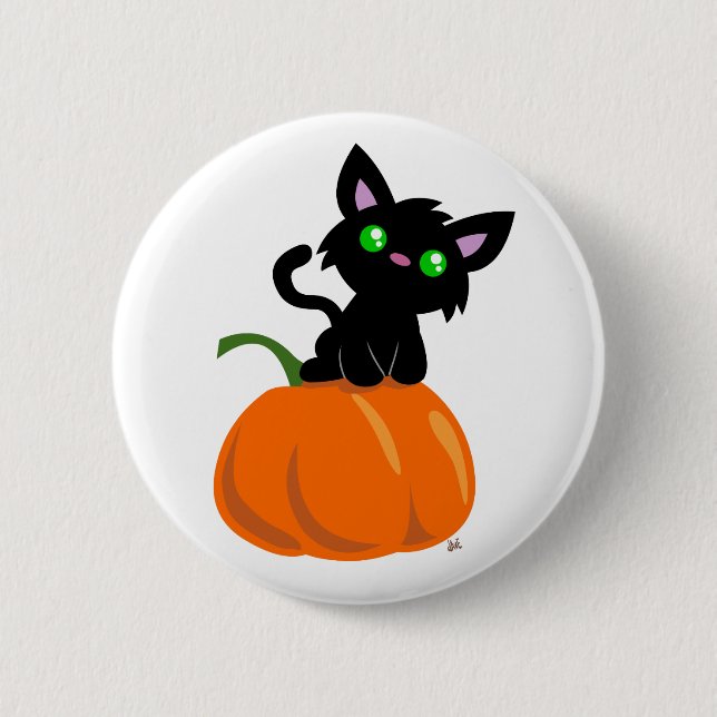 Badge Rond 5 Cm Chat sur un bouton Citrouille (Devant)