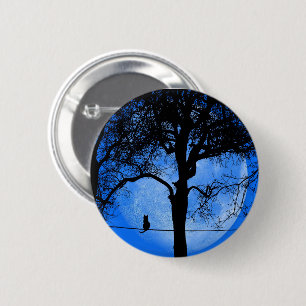 Badge Rond 5 Cm Chat sur une lune bleue fil