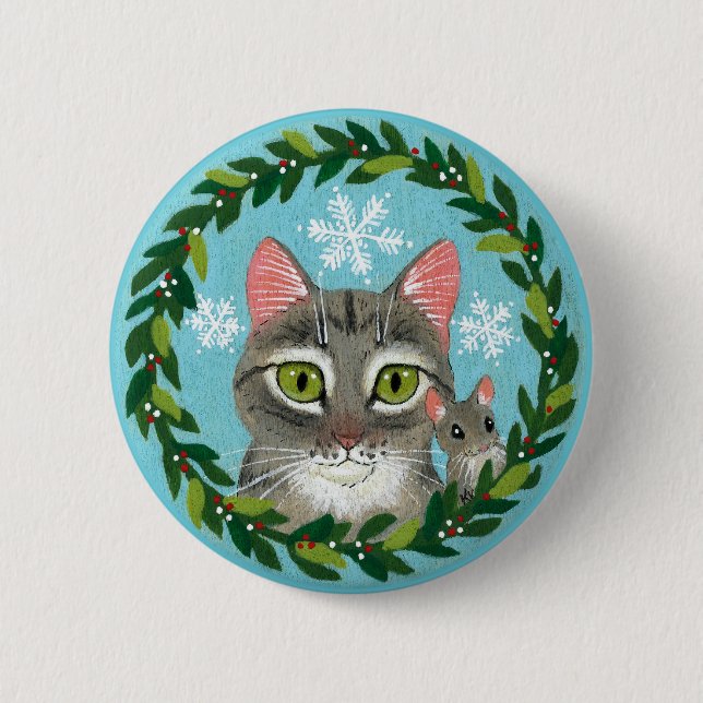 Badge Rond 5 Cm Chat tabby mignon, souris hiver neige bouton (Devant)