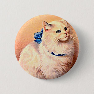 Badge Rond 5 Cm Chat Vintage avec un Nœud Bleu