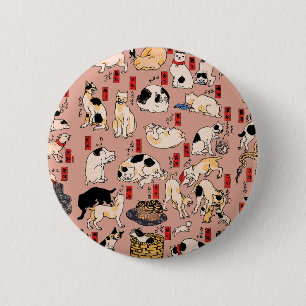 Badge Rond 5 Cm Chats japonais Ukiyo-e Funny