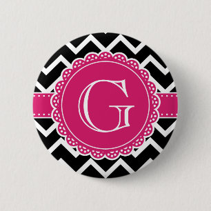 Badge Rond 5 Cm Chaud rose Fleur Monogramme noir Chevron