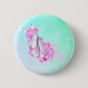 Badge Rond 5 Cm Chaussures de ballet vaches et pivoines en Aquarel