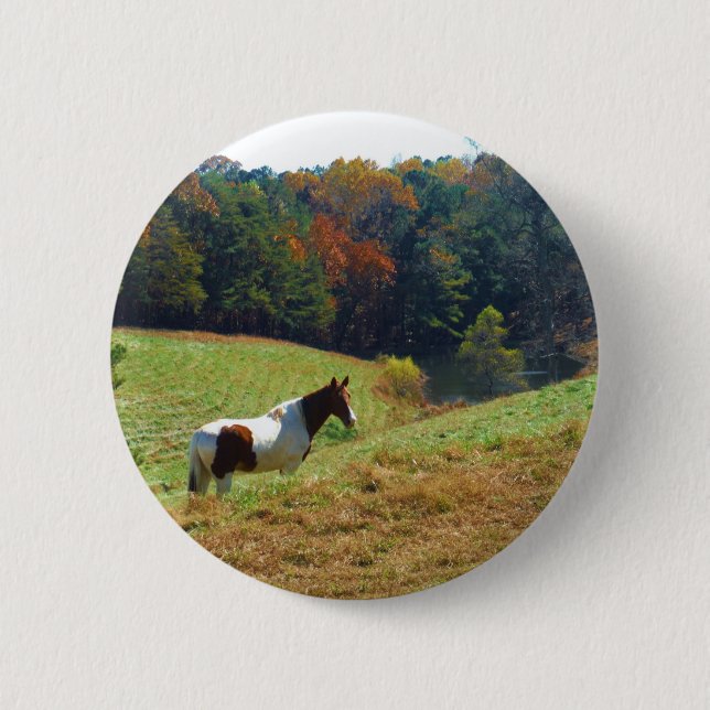 Badge Rond 5 Cm Cheval blanc et Brown, étang d'automne (Devant)