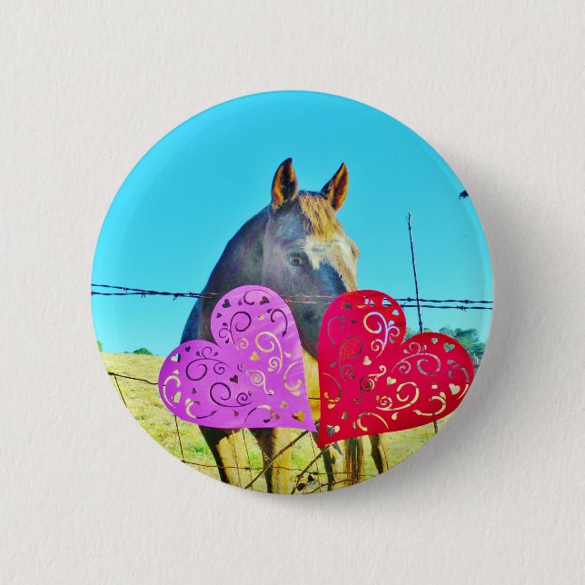 Badge Rond 5 Cm Cheval blanc et Brown Valentine Coeurs (Devant)