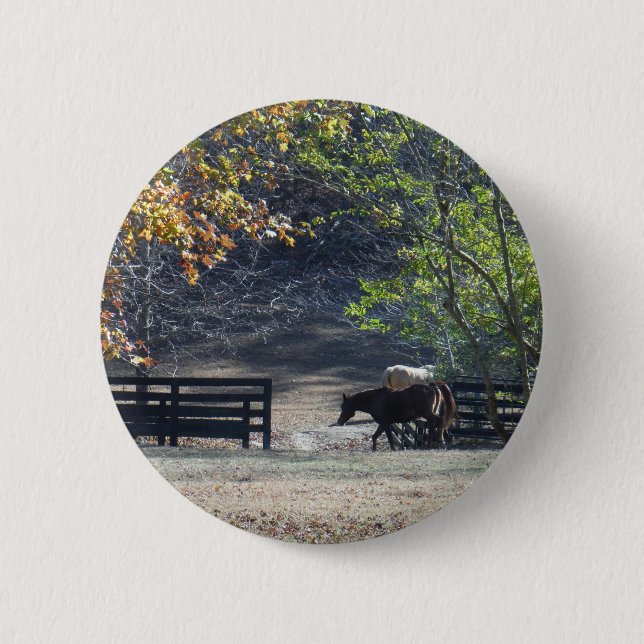 Badge Rond 5 Cm Cheval Brown à pied à travers la clôture (Devant)