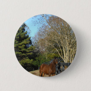 Badge Rond 5 Cm Cheval Brown contre une clôture