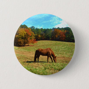 Badge Rond 5 Cm Cheval Brown rouge, ciel bleu Turquoise