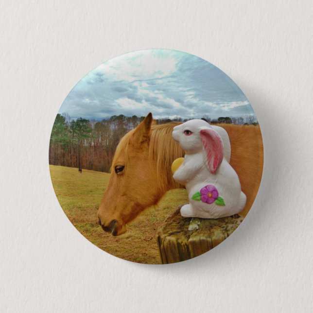 Badge Rond 5 Cm Cheval Jaune, Lapin De Printemps (Devant)