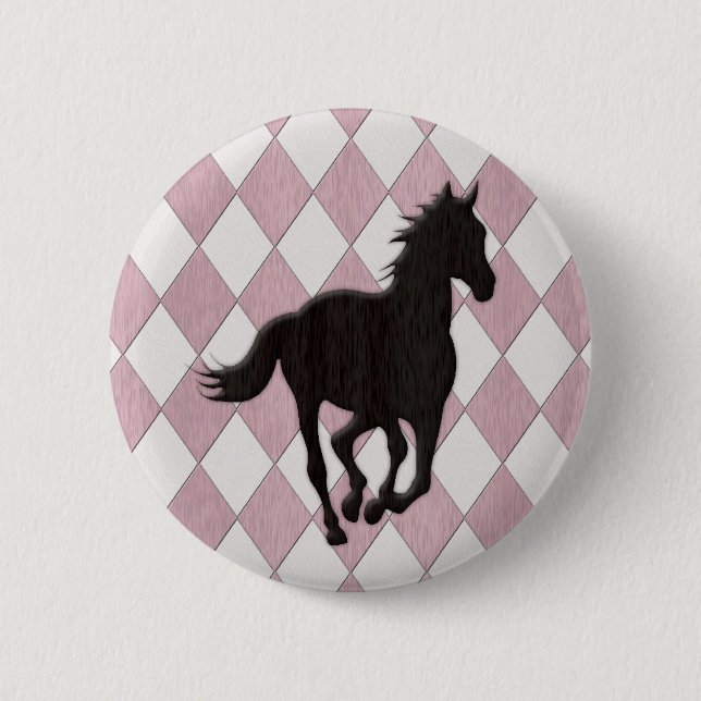 Badge Rond 5 Cm Cheval noir sur le motif blanc rose de diamant (Devant)