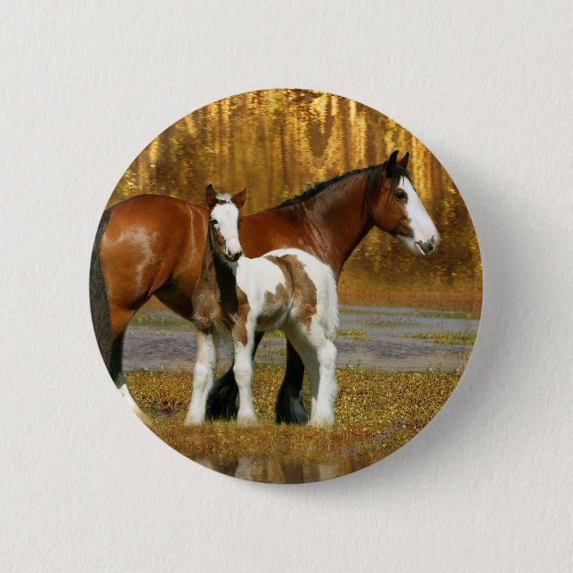 Badge Rond 5 Cm Chevaux d'imaginaire : Jument et poulain (Devant)