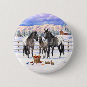 Badge Rond 5 Cm Chevaux Grulla Grey Appaloosa Sur Une Ferme À Neig