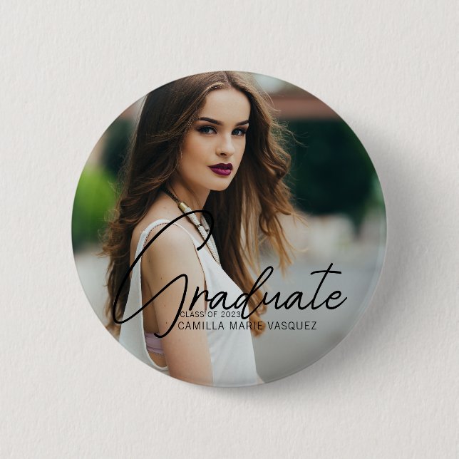 Badge Rond 5 Cm Chic Graduation Photo manuscrite Script superposit (Devant)
