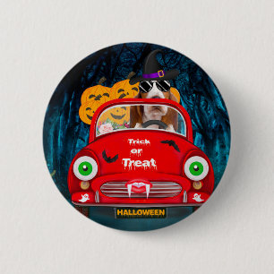 Badge Rond 5 Cm Chien Basset Hound Conduisant une Voiture Effrayan