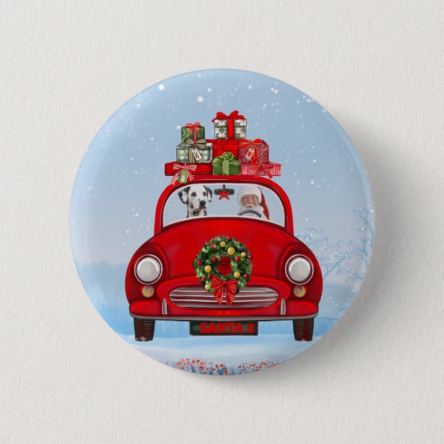 Badge Rond 5 Cm Chien Dalmatien En Voiture Avec Le Père Noël (Devant)