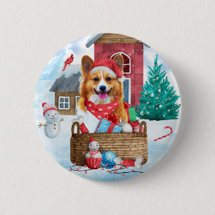 Badge Rond 5 Cm Chien de Corgi dans la neige Maison de Chien de No