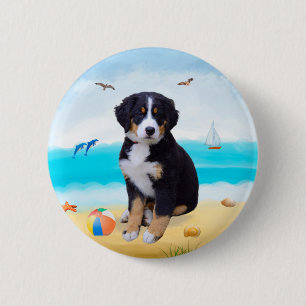 Badge Rond 5 Cm Chien de montagne bernois sur la plage