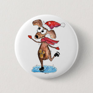 Badge Rond 5 Cm Chien de Noël Whimsical sur patins à glace
