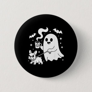 Badge Rond 5 Cm Chien fantôme bouledogue français café Halloween
