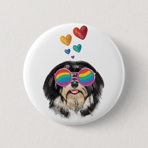 Badge Rond 5 Cm Chien Havanais avec coeurs Saint-Valentin
