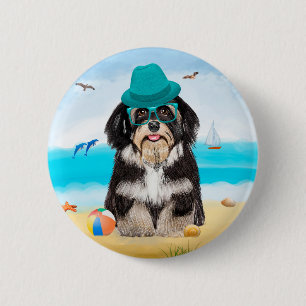Badge Rond 5 Cm Chien Havanais sur la plage