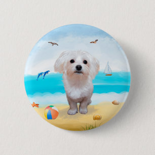 Badge Rond 5 Cm Chien maltais sur la plage