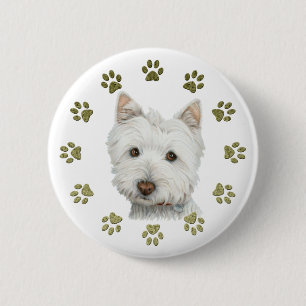 Badge Rond 5 Cm Chien mignon et pattes de Terrier blanc de