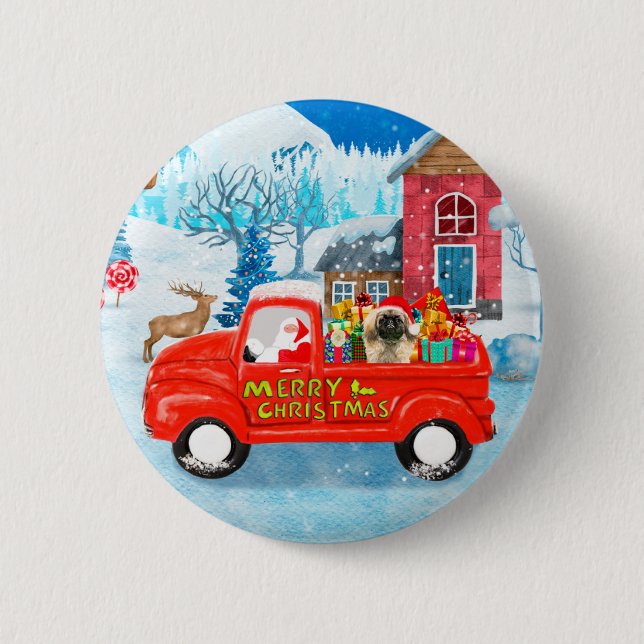Badge Rond 5 Cm Chien Pekingese Livraison de Noël Camion Neige (Devant)