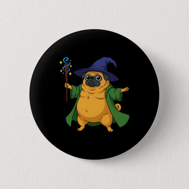 Badge Rond 5 Cm Chien Pug De Magicien Mignon Tenant Un Bâton Magiq (Devant)
