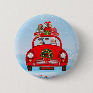 Badge Rond 5 Cm Chien schnauzer en voiture avec le Père Noël
