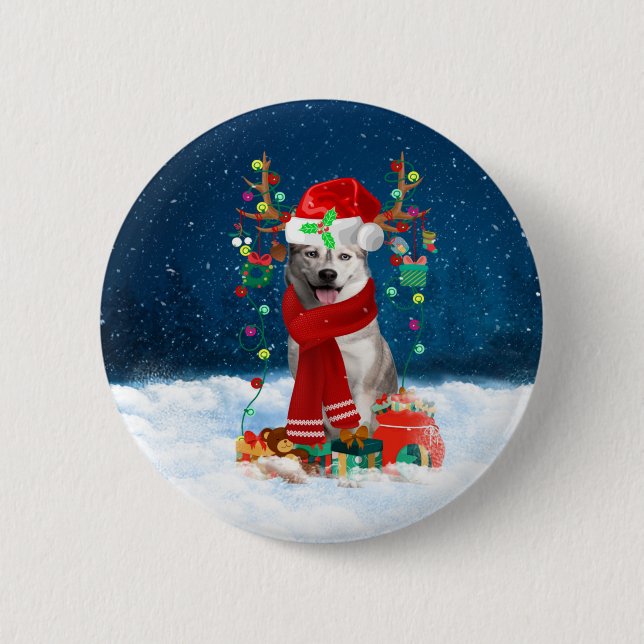 Badge Rond 5 Cm Chien sibérien Husky avec cadeaux de Noël (Devant)