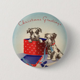 Badge Rond 5 Cm Chiens Chiots mignons, Voeux de Noël Vintage