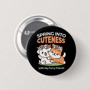 Badge Rond 5 Cm Chiens de jeu avec Flower Crowns - Fun Spring Them