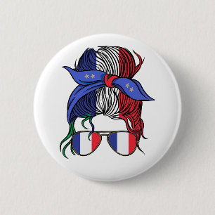 Badge Rond 5 Cm Chignon décoiffé France avec drapeau français