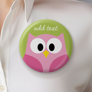 Badge Rond 5 Cm Chouette caricaturale mignonne - rose et vert citr