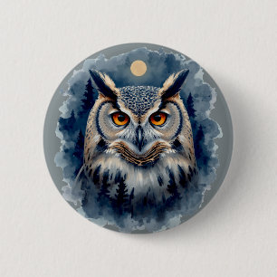 Badge Rond 5 Cm Chouette de Lune Mystique Art Aquarelle Forêt Cé