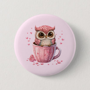 Badge Rond 5 Cm Chouette rose mignonne en coupe