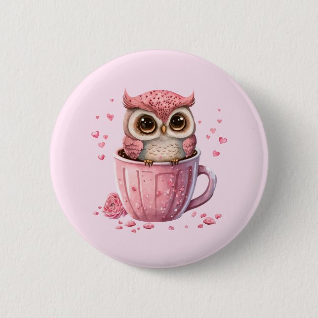 Badge Rond 5 Cm Chouette rose mignonne en coupe (Devant)