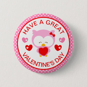 Badge Rond 5 Cm Chouette rose mignonne et Saint-Valentin coeurs