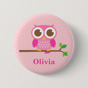 Badge Rond 5 Cm Chouette Rose Mignonne sur une Branche pour Filles