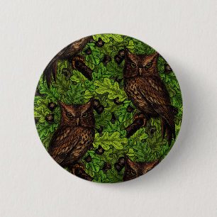 Badge Rond 5 Cm Chouettes dans le chêne, vert et marron