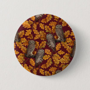 Badge Rond 5 Cm Chouettes d'automne sur rouge foncé