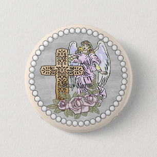 Badge Rond 5 Cm Christian Angel Bouton Croix Rose