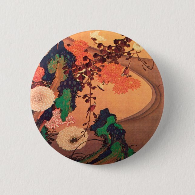 Badge Rond 5 Cm Chrysanthèmes par un ruisseau avec des rochers (17 (Devant)