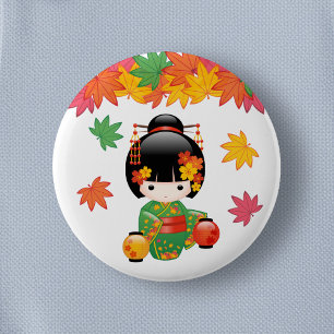 Badge Rond 5 Cm Chute Poupée Kokeshi - Green Kimono Geisha Girl