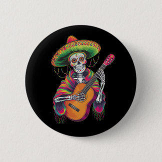 Badge Rond 5 Cm Cinco De Mayo Skeleton Skull Fiesta Guitare