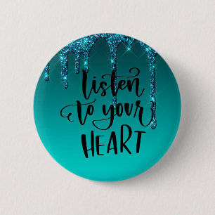 Badge Rond 5 Cm Citation Inspirante Pailletée Verte Cyan