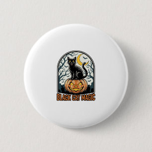 Badge Rond 5 Cm Citrouille Chat Noir Gravure Halloween Vintage_1