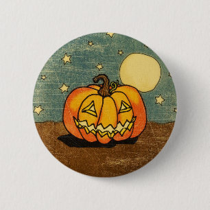 Badge Rond 5 Cm Citrouille mignon contre la lune